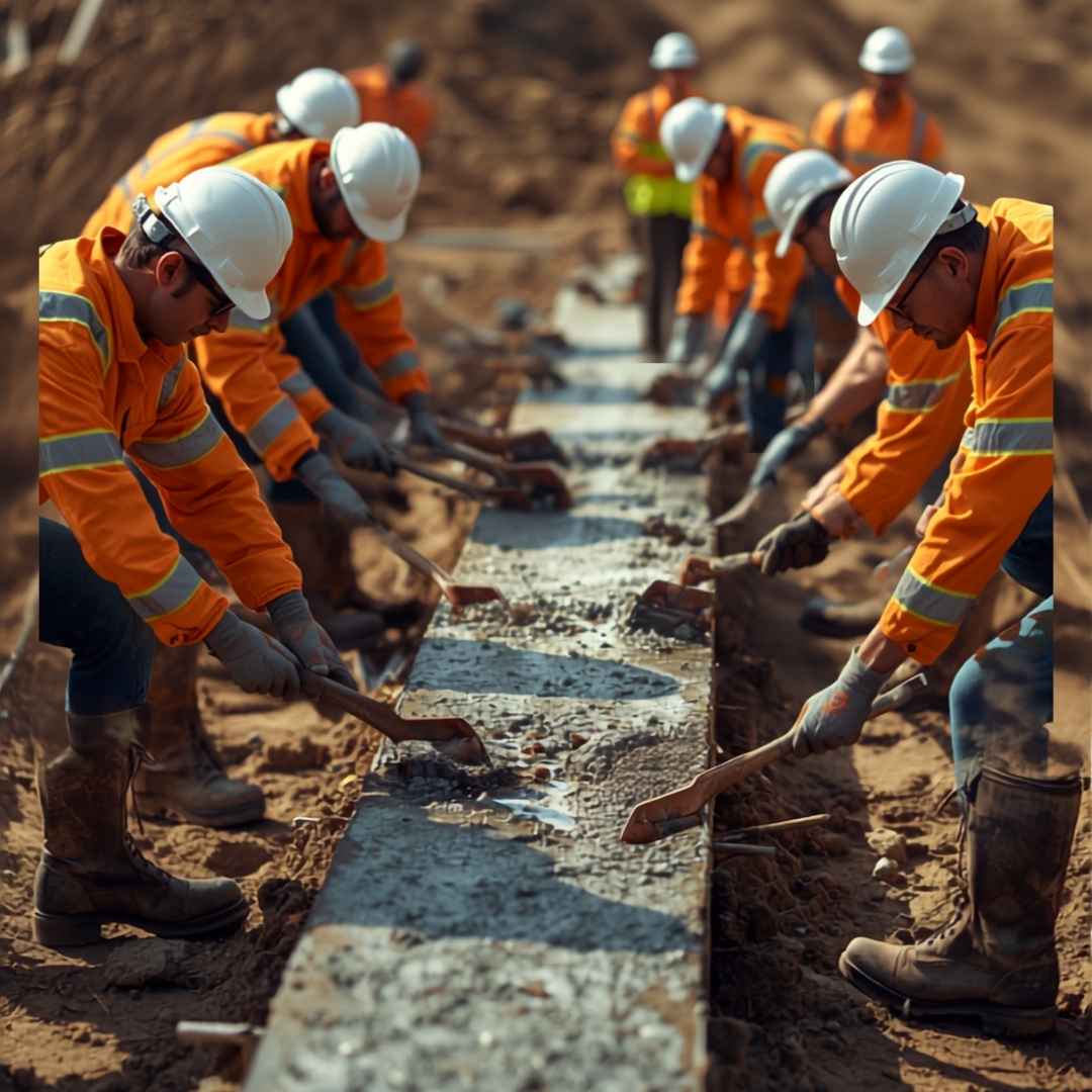 Civil Works Crew Laying Concrete in Bustling Site