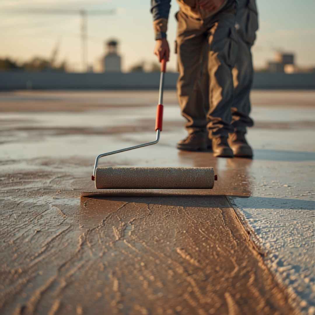 Contractor in Action waterproofing on a rooftop